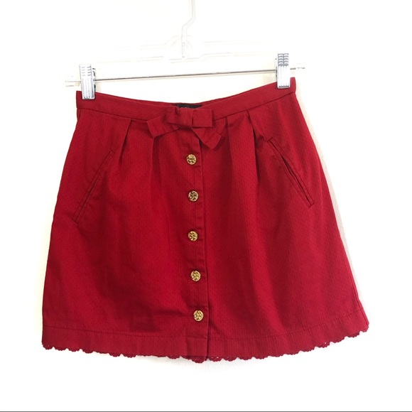 Topshop Dresses & Skirts - TopShop Red bow button down mini skirt crochet hem